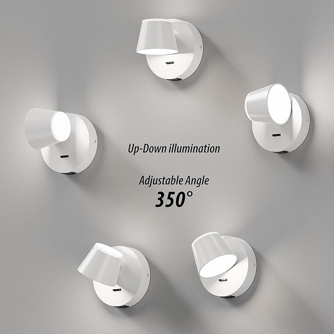 URSOLA Wall Light LED Wall Sconce with On/Off Switch USB Charging Port 110 Volt Hardwired Wall Lamp 350 Rotatable Up Down Sconces Wall Lighting (White)
