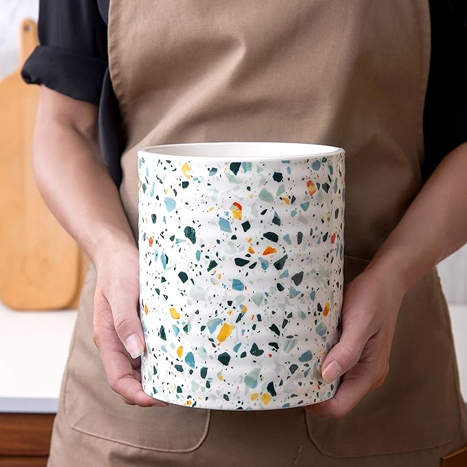 Kitchen Utensil Holder,7.2″Extra Large Stable Terrazzo Marble Pattern Ceramic Utensil Crock,Utensil Organizer for Countertop,Kitchen Decor,Utensil Holder for Housewarming,Wedding Gift Blue