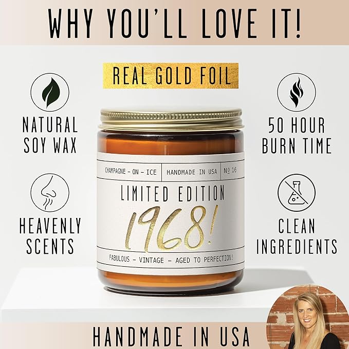 57th Birthday Gifts for Women - 'Limited Edition 1968' Soy Candle, w/Champagne on Ice I 57 Birthday Gifts for Women I 57th Gift for Her Ideas I 9oz Reusable Jar, 50Hr Burn, Made in USA
