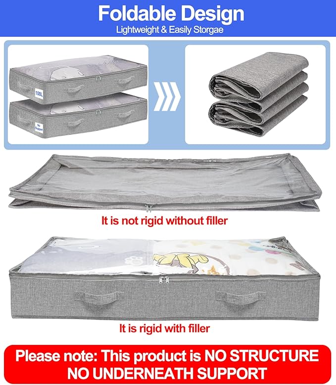 punemi 100L Under Bed Storage Containers, NO STRUCTURE Extra Large Underbed Storage,Soft Foldable Zipper Cloth Blanket Storage Container, Long Flat Storage Bins For College Dorm, 4 Pack, 20x40x7.5in