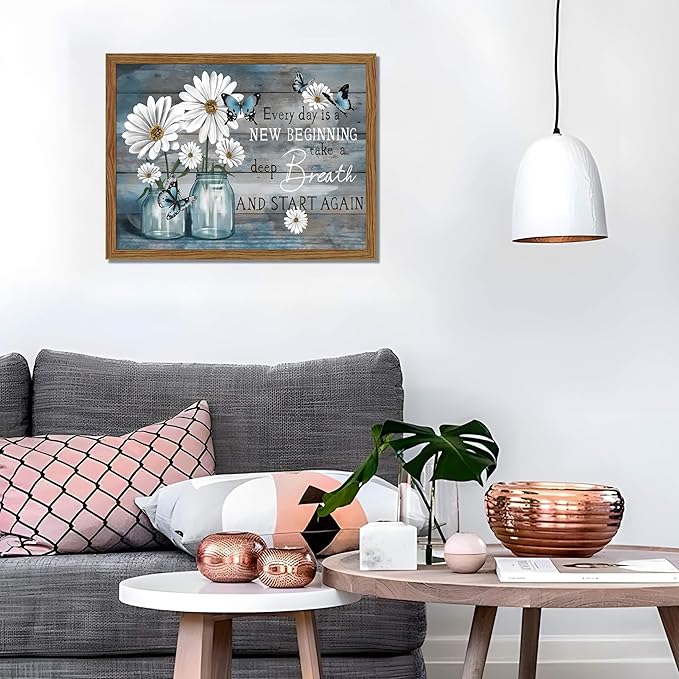 Wood Framed Daisy Butterfly Wall Art, Blue Rustic Farmhouse Canvas Wall Decor Paintings, Inspirational Flower Still Life Posters Prints Pictures for Kitchen Bathroom Home Decor 16x24 Inch