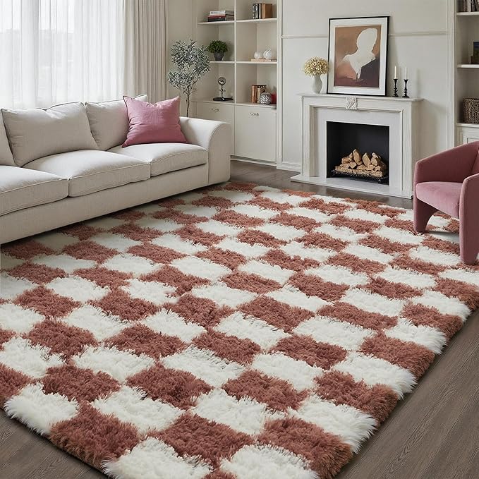 Checkered Rug 8x10 for Living Room, Rose Pink Modern Shag Rug Washable Non-Slip Large Area Rug Super Soft Indoor Fuzzy Carpet Fluffy Rugs for Bedroom Home Aesthetic Decor
