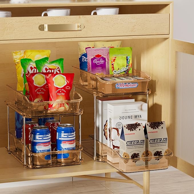 Delamu 2 Sets of 2-Tier Clear Under Sink Organizers and Storage, Multi-Purpose Stackable Bathroom Cabinet Organizers, Amber