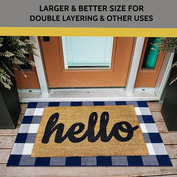 KOZYFLY Buffalo Plaid Area Rugs 27.5x43 Inches Navy and White Checkered Rug Washable Front Door Mat Hand Woven Cotton Outdoor Rug Small Rug for Front Porch Kitchen Entryway Patio Bathroom