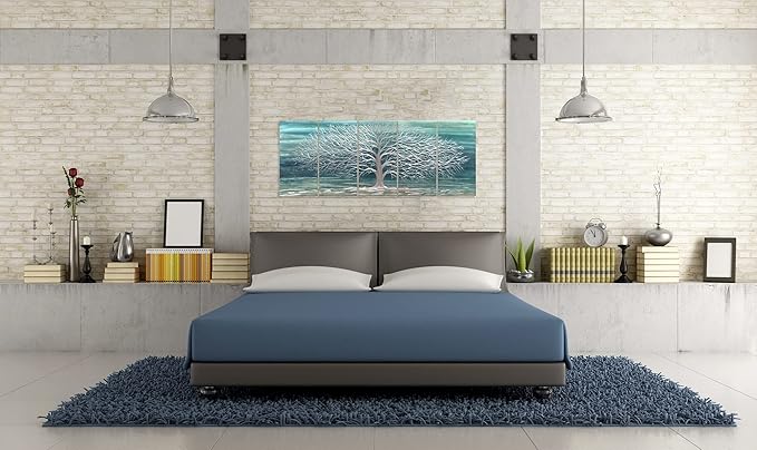 Yihui Arts Large Metal Wall Art Handcrafted Aesthetic Tree Pictures on Aluminum 5 Panels Teal and Silver Abstract Landscpae Artwork for Living Room Bedroom Dinning Decor