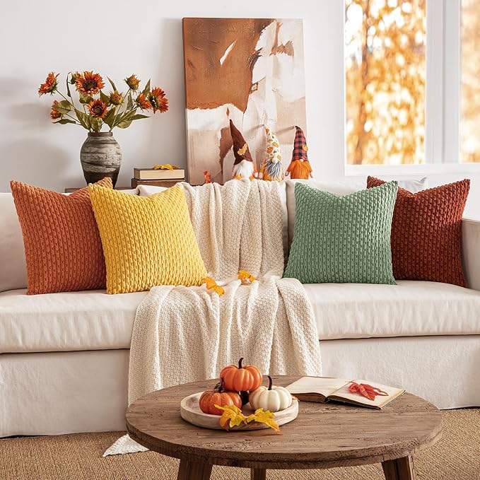 MIULEE Fall Burnt Orange Throw Pillow Covers Soft Couch Decorative Set of 4 Boho Striped Cushion Covers Corduroy Pillowcase Farmhouse Home Decor for Couch Bed Sofa Living Room 18x18 Inch Yellow Orange