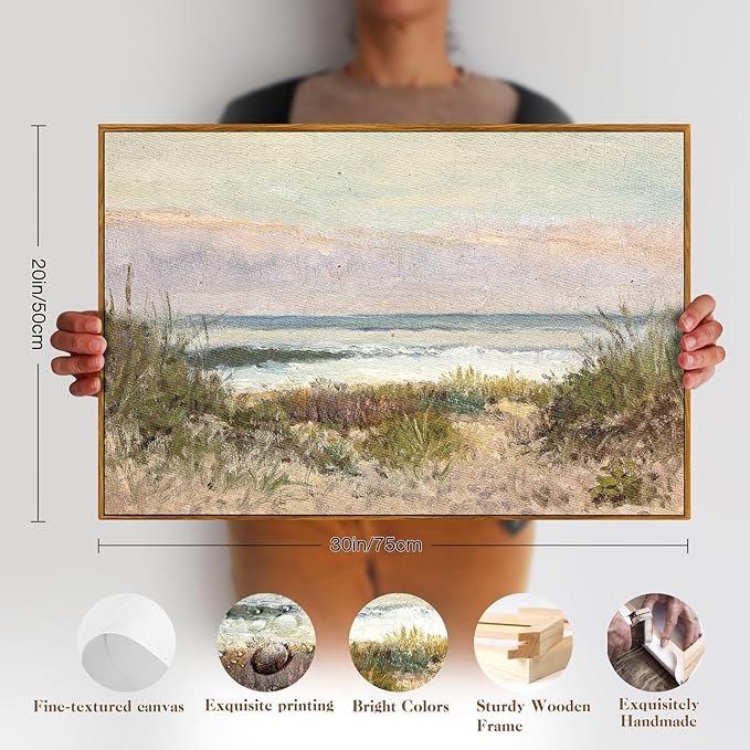 crmotu Beach Framed Wall Art, Coastal Landscape Canvas Prints, Ocean Wave Vintage Wall Decor, Nature Scenery Rustic Wall Paintings for Living Room Bedroom Bathroom Kitchen Decorations 20x30in