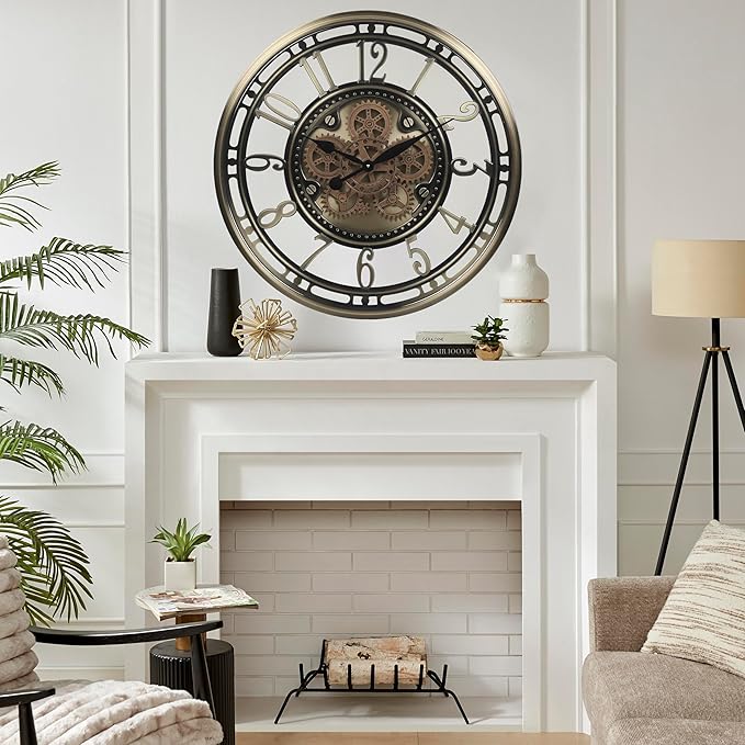 CLXEAST 28 Inch Large Moving Gear Wall Clock for Living Room Decor, Modern Farmhouse Wall Clock for Home Office,Brass Gold,House Warming Gifts New Home