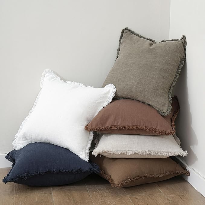 Foindtower Set of 2 Decorative Linen Fringe Throw Pillow Covers Cozy Boho Farmhouse Cushion Cover with Tassels Soft Accent Pillowcase for Couch Sofa Bed Living Room Home Decor, 24×24 Inch, Navy Blue