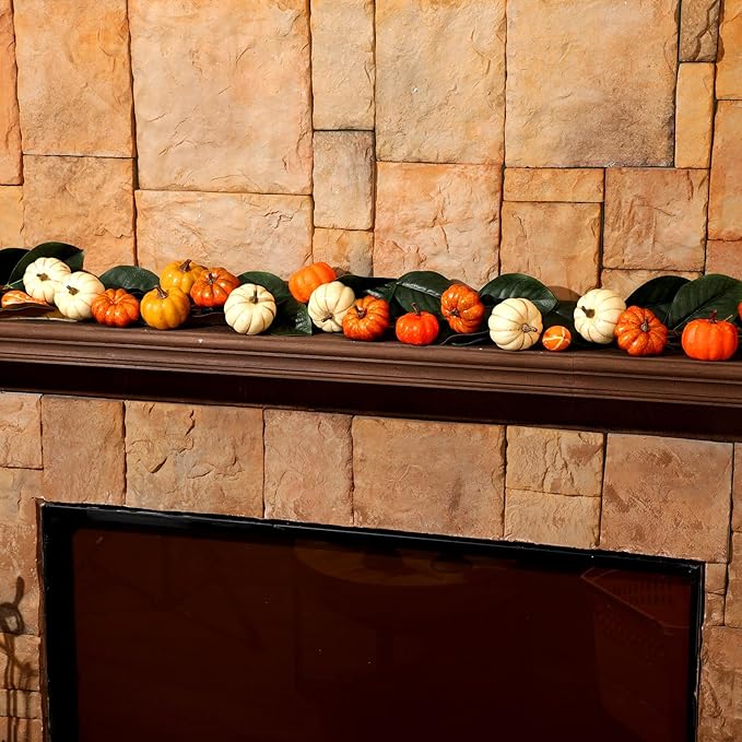 Zeyune 2 Pcs 6ft Fall Decor Fall Garland with Pumpkins Artificial Mixed Magnolia Leaves Farmhouse Hanging Rustic Autumn Garlands Decor for Front Door Kitchen Fireplace Home Indoor Outdoor