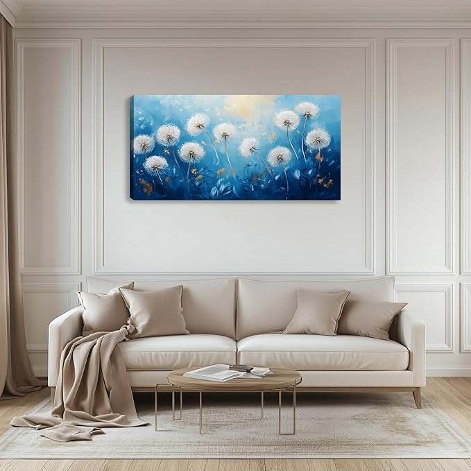 Kuiluuye Large Dandelion Wall Art Flower Painting Wall Decor Canvas Print Blue White Flora Picture for Living Room Home Bedroom Decoration Framed Poster Artwork 40L x 20W