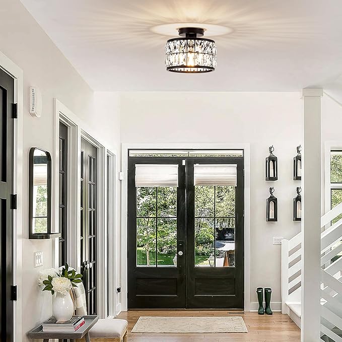 Crystal Ceiling Light Fixture, Modern Semi Flush Mount Ceiling Light,Crystal Chandelier for Kitchen Bedroom Bathroom Entryway, Black Finish