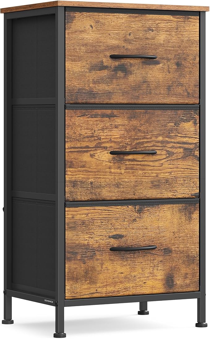 SONGMICS Dresser for Bedroom, Chest of Drawers, Steel, MDF, 3 Non-Woven Fabric Drawers, Storage Organizer Unit, Closet, Entryway, Rustic Brown and Ink Black ULGS313B02S