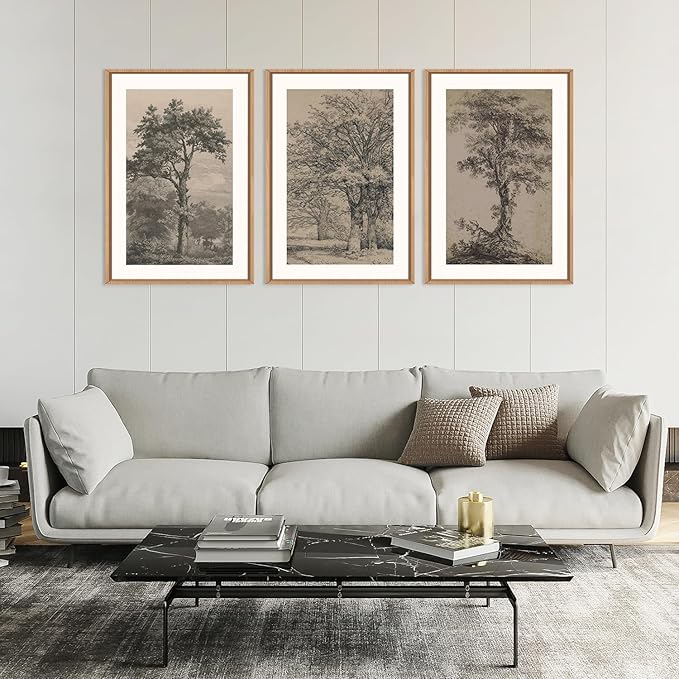 KAIRNE Vintage Tree Sketch Wall Art Set, Antique Tree Drawings Wall Decor, Nature Sketch Wall Painting, Framed Botanical Canvas Art Prints for Living Room, Bedroom, Dinning Room, Farmhouse - 16"x24"x3