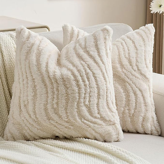 FUTEI Cream Decorative Throw Pillow Covers 24x24 Inch Set of 2,Soft Faux Fur Geometric Shapes Texture European Cushion Case,Boho Home Decor for Couch Bed Living Room