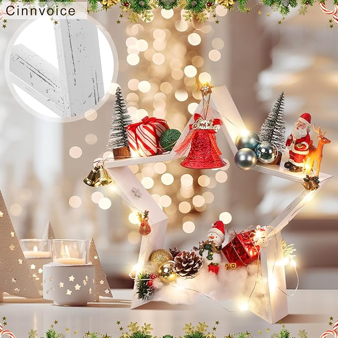 3 Pcs Christmas Wooden Table Decoration Centerpiece Sign Crafts for Farmhouse Desk Coffee Tabletop Fireplace Mantle Bookshelf Tiered Tray Shelf Accents Rustic DIY Ornament(White,Star)