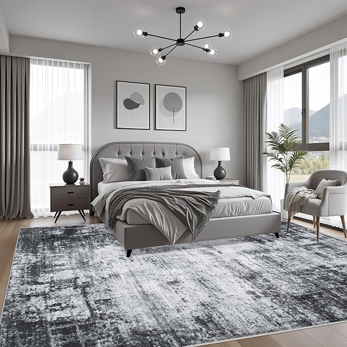 6x9 Area Rug Living Room Rug: Washable Modern Abstract Soft Thin Rug Indoor Floor No Slip Stain Resistant Carpet for Bedroom Dining Room Farmhouse Nursery Home Office - Dark Black