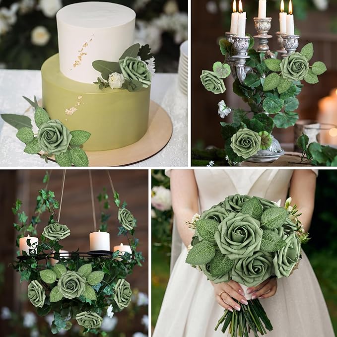 AmyHomie Artificial Flowers Green Rose 25pcs Real Looking Fake Roses w/Stem for DIY Wedding Bouquets Centerpieces Arrangements Party Baby Shower Home Decorations