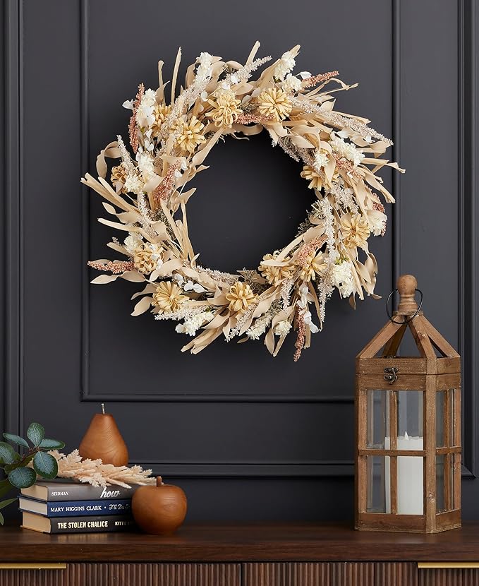 26 inch Golden Wild Flower Wreath, Artificial Flax Grass, Mini Mums, Wild Delphinium, & Millet, Neutral Color, Indoor Fall Home Decor, Front Door Display - by Seasonal LLC