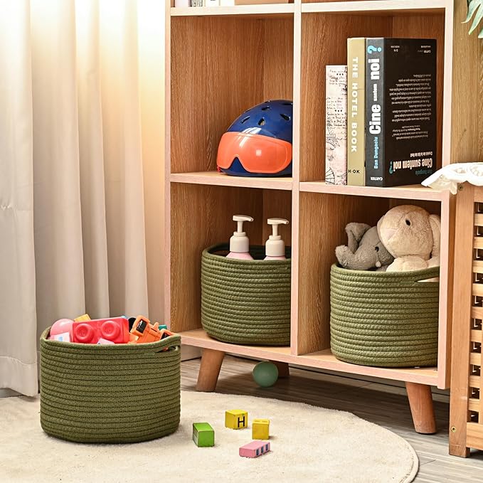 Small Storage Baskets for Organizing, Organizer Baskets for Shelves, Green Woven Basket for Storage Decor, Small Decorative Cotton Rope Basket, 9.7"×9.7"×7" (3 Packs) Green