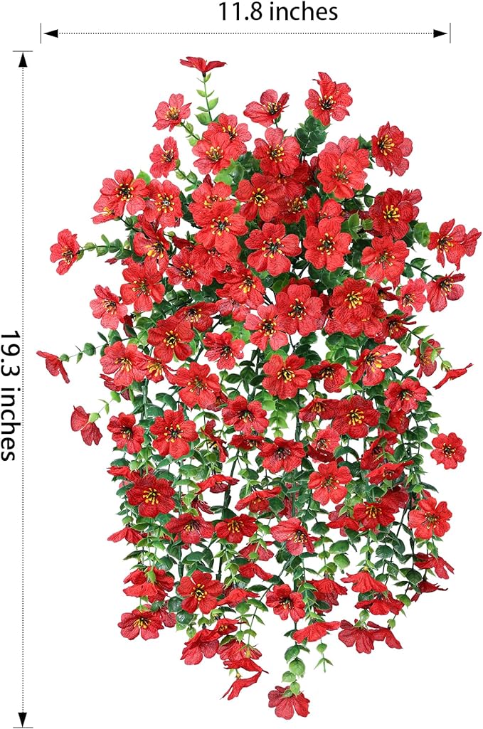 HyeFlora Artificial Hanging Flowers for Outdoors Decoration, 2Pcs Red Fake Spring Summer Decor, Realistic Plants, UV & Fading Resistant Flower for Porch Patio Balcony Planter Yard Home Garland