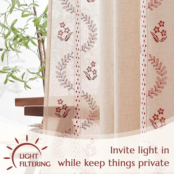 jinchan Belrose Linen Curtains for Bedroom Floral Curtains 84 Inch Length Linen Blend Burgundy Red Embroidered Drapes Farmhouse Flower Patterned Drapes for Living Room Window Treatments Set 2 Panels