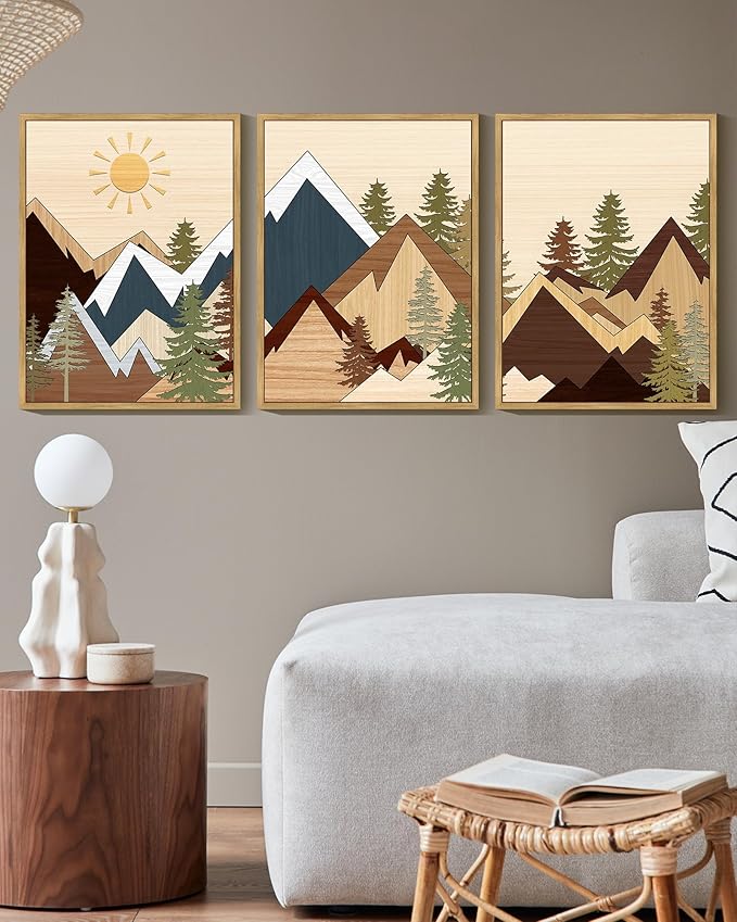 KUVIOKE Morden Mountains Pine Tree Forest Framed Wall Art Sunrise Boho Nature Landscape Artwork Bohemain Farmhouse Bedroom Living Room Decor 12x16in (Natural Framed)