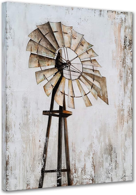 Yihui Arts Rustic Canvas Wall Decor with Textured Modern Vintage Paintings Abstract Windmill Art Contemporary Large Aesthetic Pictures for Farmhouse Living Room Bedroom Dinning Home Decor