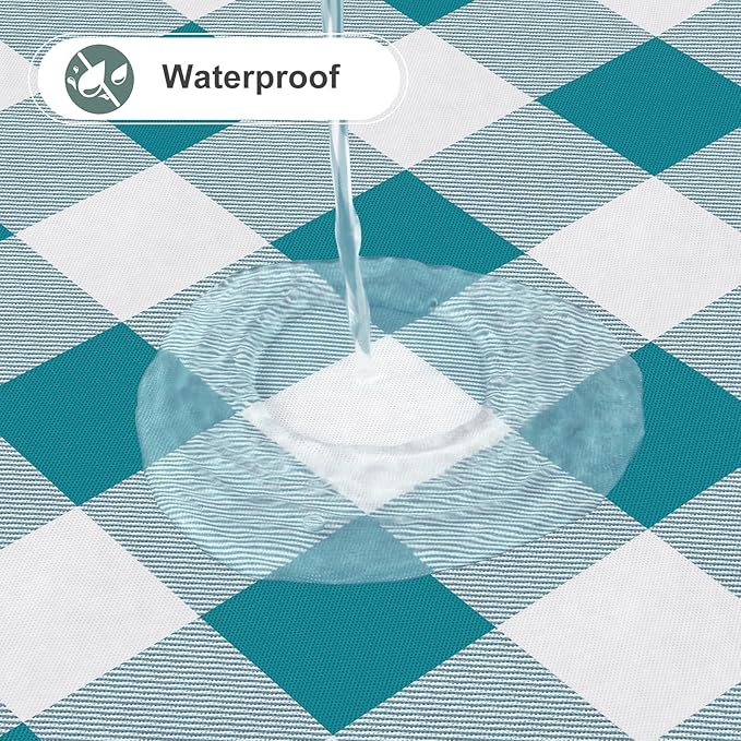 misaya Round Waterproof Vinyl Table Cloth, Buffalo Flannel Backed Tablecloth, Wipeable Plastic Table Cover for Dinner, Kitchen, Picnic (60", Turquoise and White)