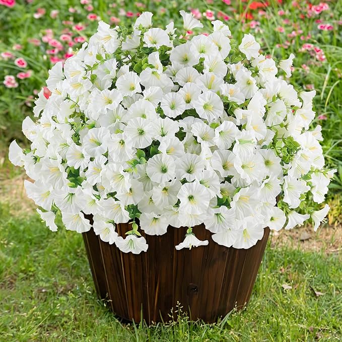 12PCS Artificial Flowers for Outdoor Decorations, Realistic Faux White Silk Petunia Flowers for Outside, Fake Plants Morning Glory with Eucalyptus Porch Patio Planters Window Boxes Decor