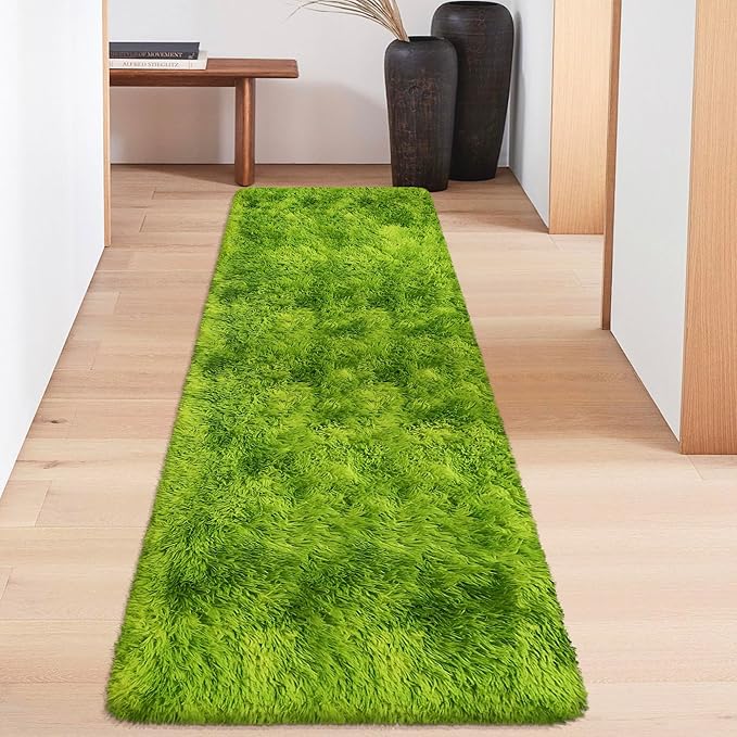 Tie-Dyed Runner Rug for Bedroom Green 2x6ft Fluffy Area Rug Bedside Runner Rug for Kids Room Boys Teens Nursery Baby Living Room Dorm Home Decor Carpets