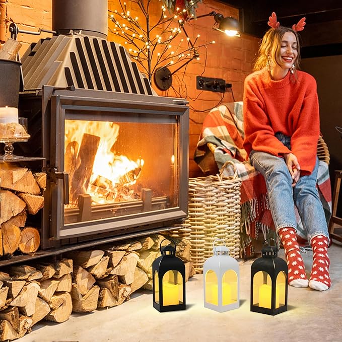 Decor Modern Farmhouse Lantern Decor Set of 4, Black Metal Small Candle Lanterns, Wooden Lanterns Decorative w/Timer & Remote-Controlled Flickering Candles for Home, Indoor, Table (Black&glod)