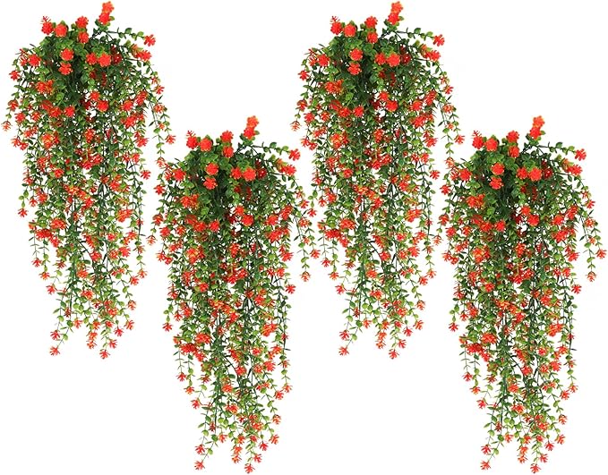 SJL Fall Artificial Hanging Plant Fall Faux Eucalyptus Leaf Fake Hanging Vines UV Resistant Fake Mums for Outdoors Faux Autumn Plants for Home Indoor Outdoor Thanksgiving Decor (Orange)