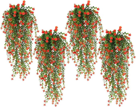 SJL Fall Artificial Hanging Plant Fall Faux Eucalyptus Leaf Fake Hanging Vines UV Resistant Fake Mums for Outdoors Faux Autumn Plants for Home Indoor Outdoor Thanksgiving Decor (Orange)