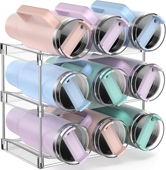Water Bottle Organizer Stanley Cup Holder, 3-Tier Tumbler Storage, Stackable Water Bottle Holder for Kitchen Cabinet Pantry, Large Compartment fits 40 oz Tumblers, Stanley Accessories