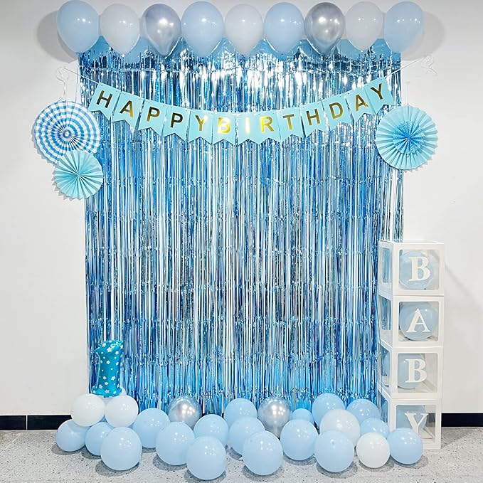 Light Blue Foil Fringe Curtains Party Decorations, Melsan 3.2 x 8 ft Foil Curtains Tinsel Backdrop for Ocean, Baby Shark, Frozen Theme Birthday Decorations - Pack of 2