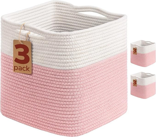 INDRESSME 11x11 Cube Storage Bins, 3-Pack Stuff Animal Storage Baskets for Gifts Pink Storage Bins for Classroom Cube Baby Nursery Basket, Closet, Small Kids Toy Basket