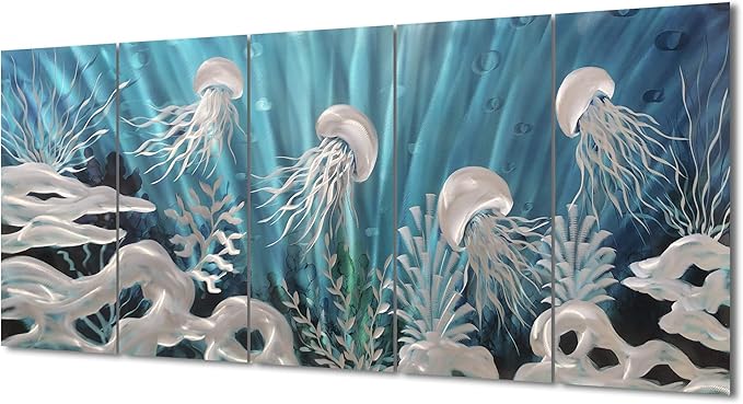 Yihui Arts Blue Deep Ocean Extra Large Jellyfish Metal Wall Art, in Modern Ocean Design, 3D Wall Art for Modern and Contemporary Decor, 5-Panels, Metal Wall Decor Works Indoors and Outdoors