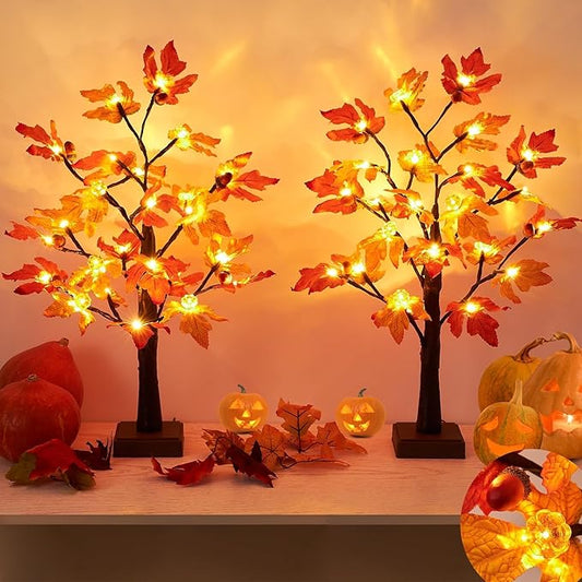 Fall Decor 2 Pack 24 Inch Maple Tree Lights - 48 LED Autumn Decorations with Pumpkins & Acorns, Timer, USB & Battery Powered - Thanksgiving Decorations for Home Table Indoor Fireplace