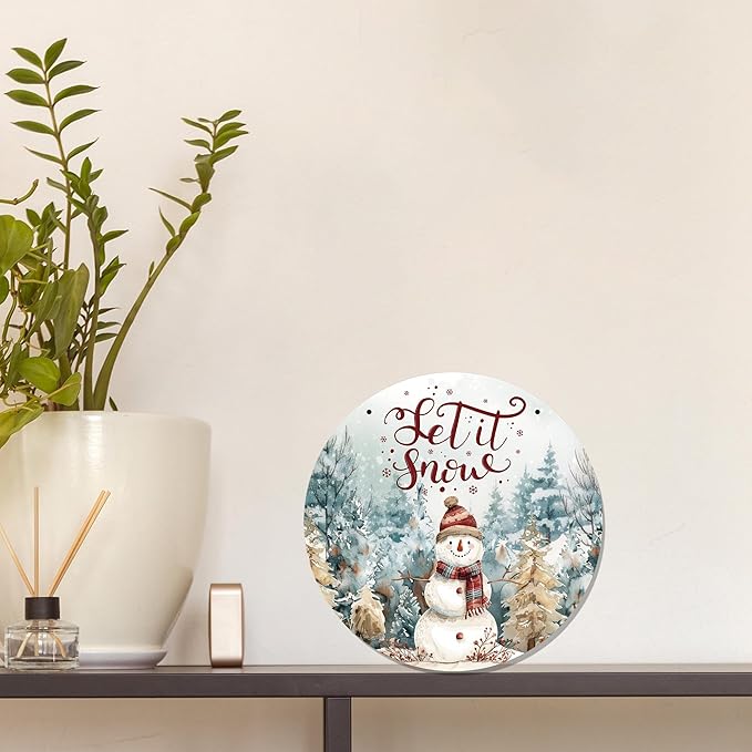 CGBHW Winter Snowman Wooden Sign, Christmas Xmas Pine Tree Landspace Hanging Sign Wall Decor for Farmhouse Home, Holiday Snowy Let it Snow Rustic Door Decor 12 x 6 Inch