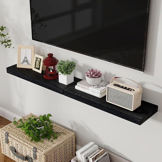 Axeman Floating Shelves, 8 Inch Deep Modern Solid Wood Wall Shelves for Storage, Wall Mounted Display Shelving with Invisible Heavy-Duty Metal Bracket, 36" W x 8" D x 1.6" H, Distressed Black