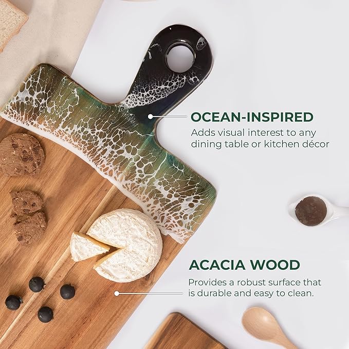 Acacia Wood Cutting Board with Ocean Resin Art, 18.1”x9.8”, Includes Stand & Loofah, Handcrafted Charcuterie Cheese Board & Serving Platter, Great for Décor, Housewarming, Weddings (Rectangular)
