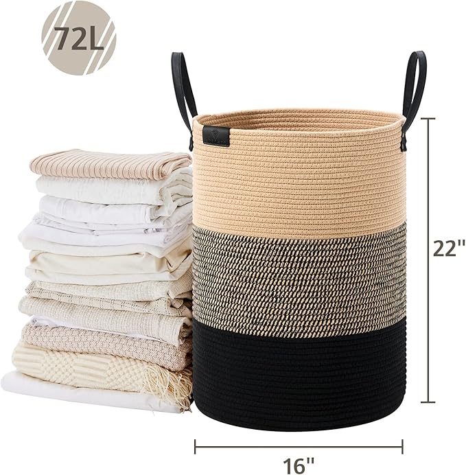 VIPOSCO Tall Laundry Basket, Large Dirty Clothes Hamper with Leather Handle, Woven Rope Storage Basket for Blanket, Toy In Living Room, Bathroom, Bedroom - 72L Brown & Black