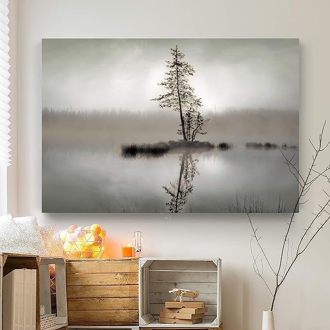 Renditions Gallery Canvas Wall Art for Home Decor Pine Tree Reflection in Misty Forest Lake Modern Nature for Bedroom Living Room Kitchen - 18"X27" LT08