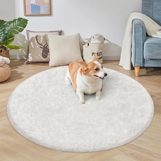 4x4 ft Tie Dye White Round Rug for Bedroom Room Fluffy Circle Rug Furry Carpet Shaggy Circular Fuzzy Washable Non-Slip Large Area Rug Soft Indoor for Living Room Cute Aesthetic Home Decor