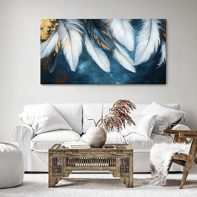 Mofutinpo Blue and Gold Wall Art Navy Blue Pictures for Living Room Feather Canvas Wall Art Blue Bedroom Wall Decor Above Bed Pictures Wall Decor, Painting - Artwork for Walls 20×40IN