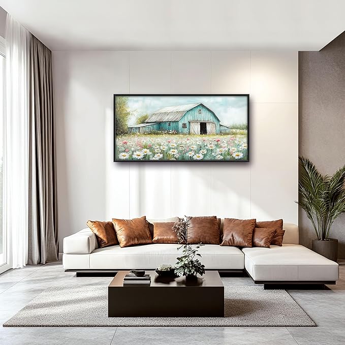 Farm Barn Large Wall Art for Living Room Framed, Farmhouse Wall Decor Pictures, Teal Barn Canvas Print Painting, Aesthetic Artwork Bedroom Office Home Decor 60"x30"