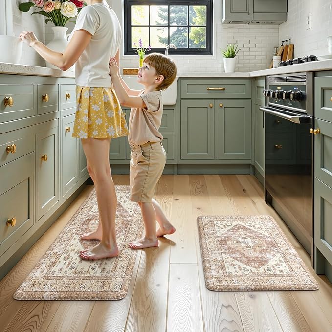 KIMODE Farmhouse Kitchen Mats,Anti Fatigue Kitchen Rugs Sets of 2, Non Slip Waterproof Kitchen Floor Mats, Ergonomic Cushioned Comfort Standing Mat for Laundry, Office, Sink,Desk,Mutil-Khaki