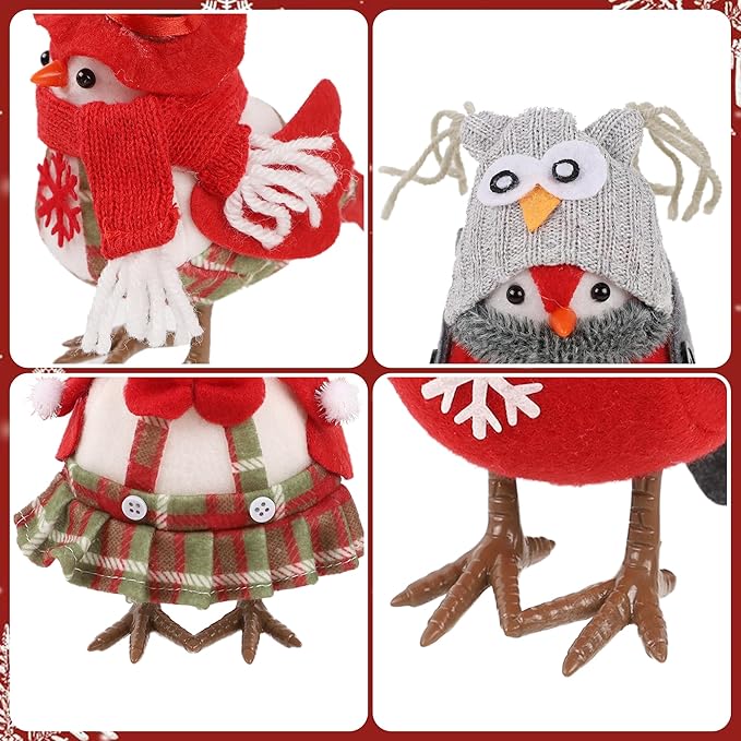 3 Pack Christmas Table Decorations - Small Bird Figurines, Red Cute Xmas Ornaments for Table Top, Desktop, Mantel, Kitchen Decor, Holiday, Winter Party Gifts