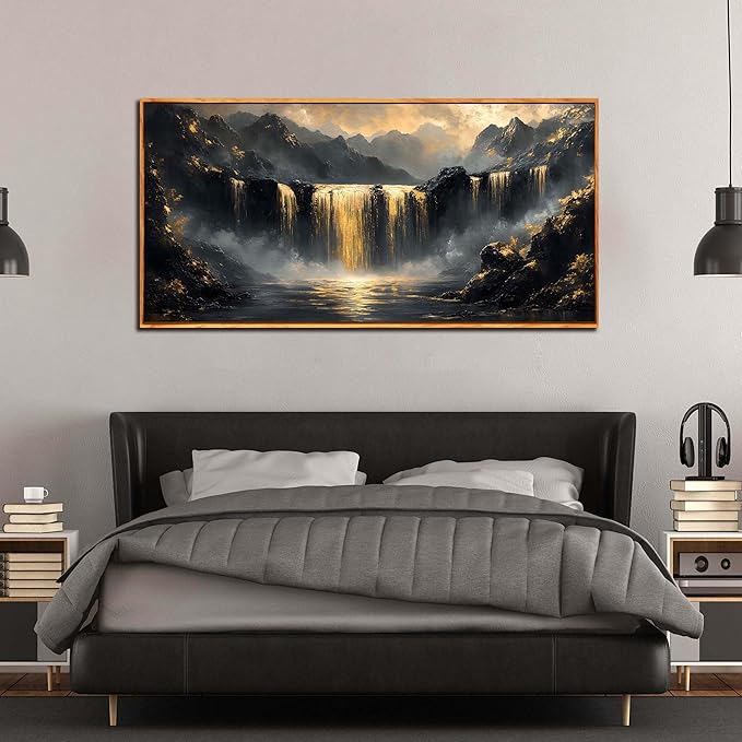 Black Mountain Canvas Wall Art for Bedroom - Gold Waterfall Art Wall Decor for Living Room - Wooden Framed Wall Art for Office Size 29" x 59"